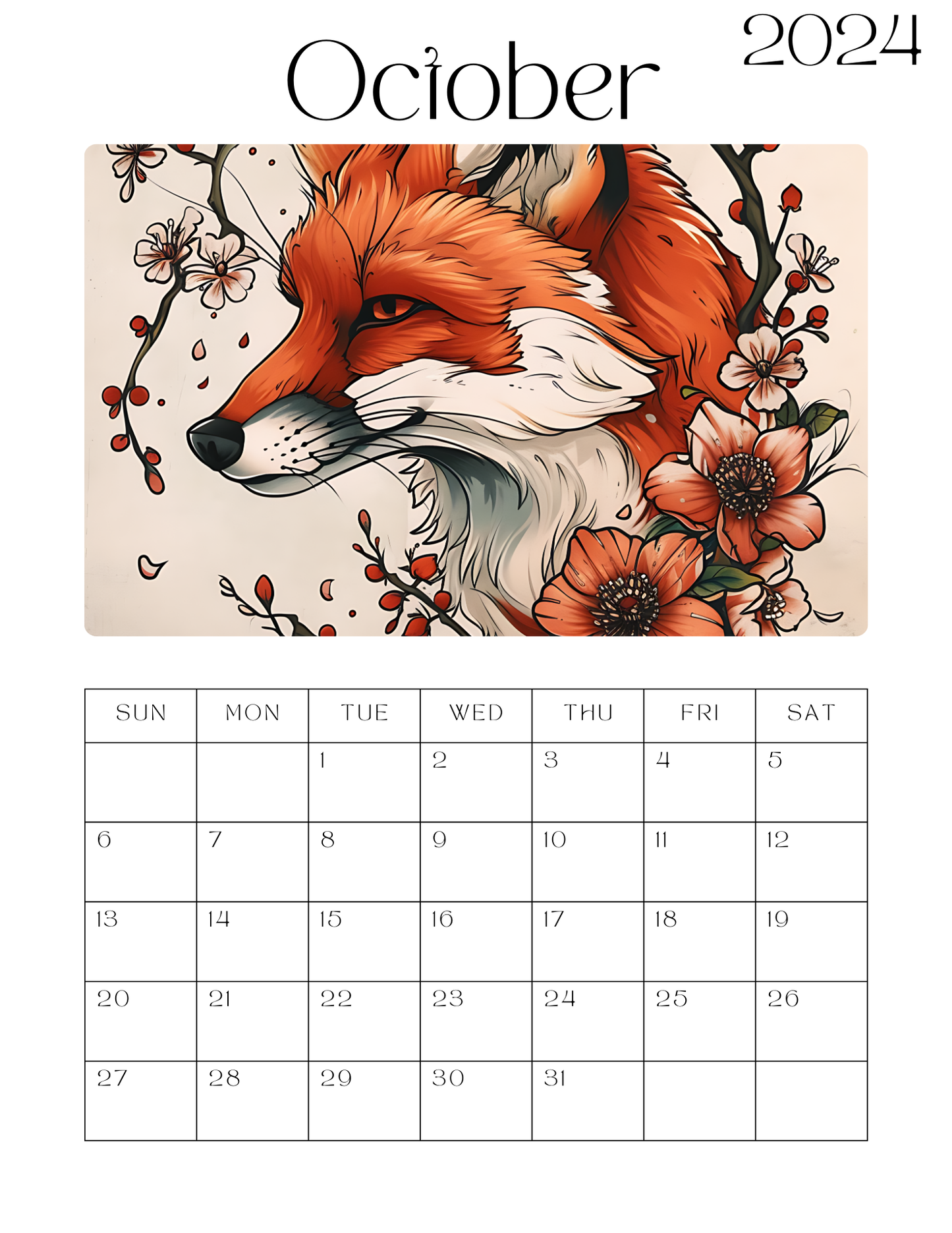 Fantastic Fox & Flowers  12 Month Calendar