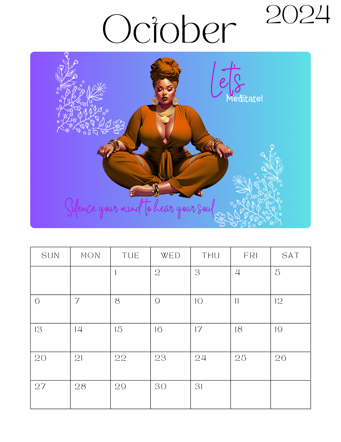 Beautiful Plus Size Black Women Wellness & Meditation 12 Month Calendar