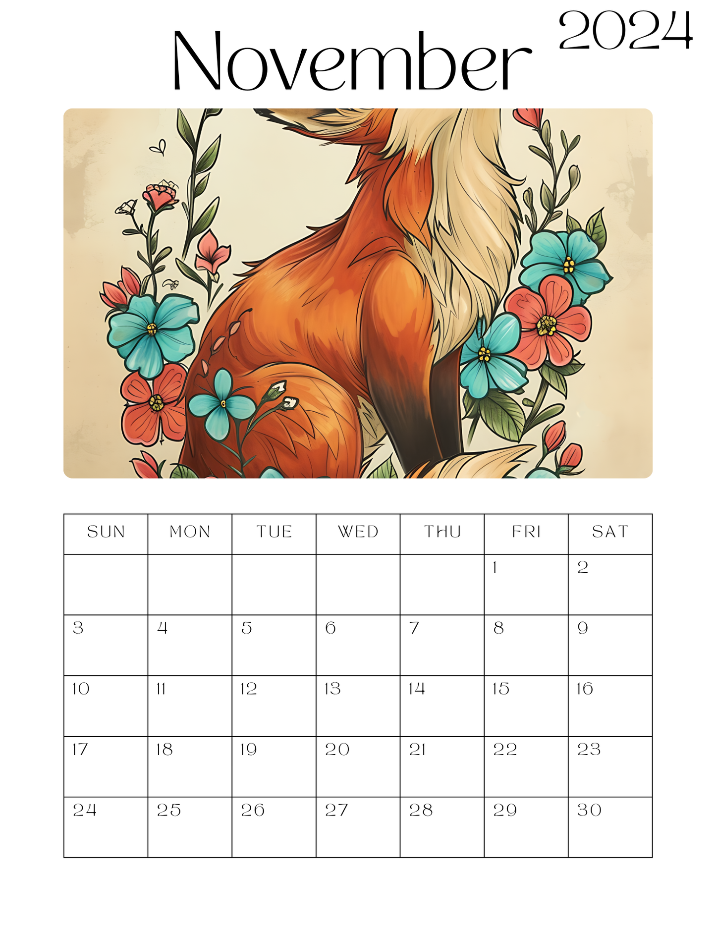 Fantastic Fox & Flowers  12 Month Calendar