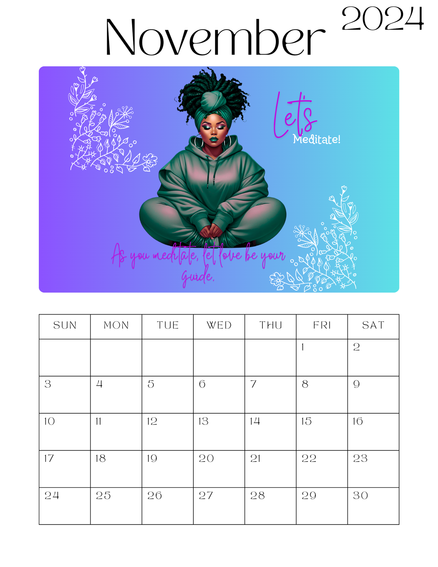 Beautiful Plus Size Black Women Wellness & Meditation 12 Month Calendar