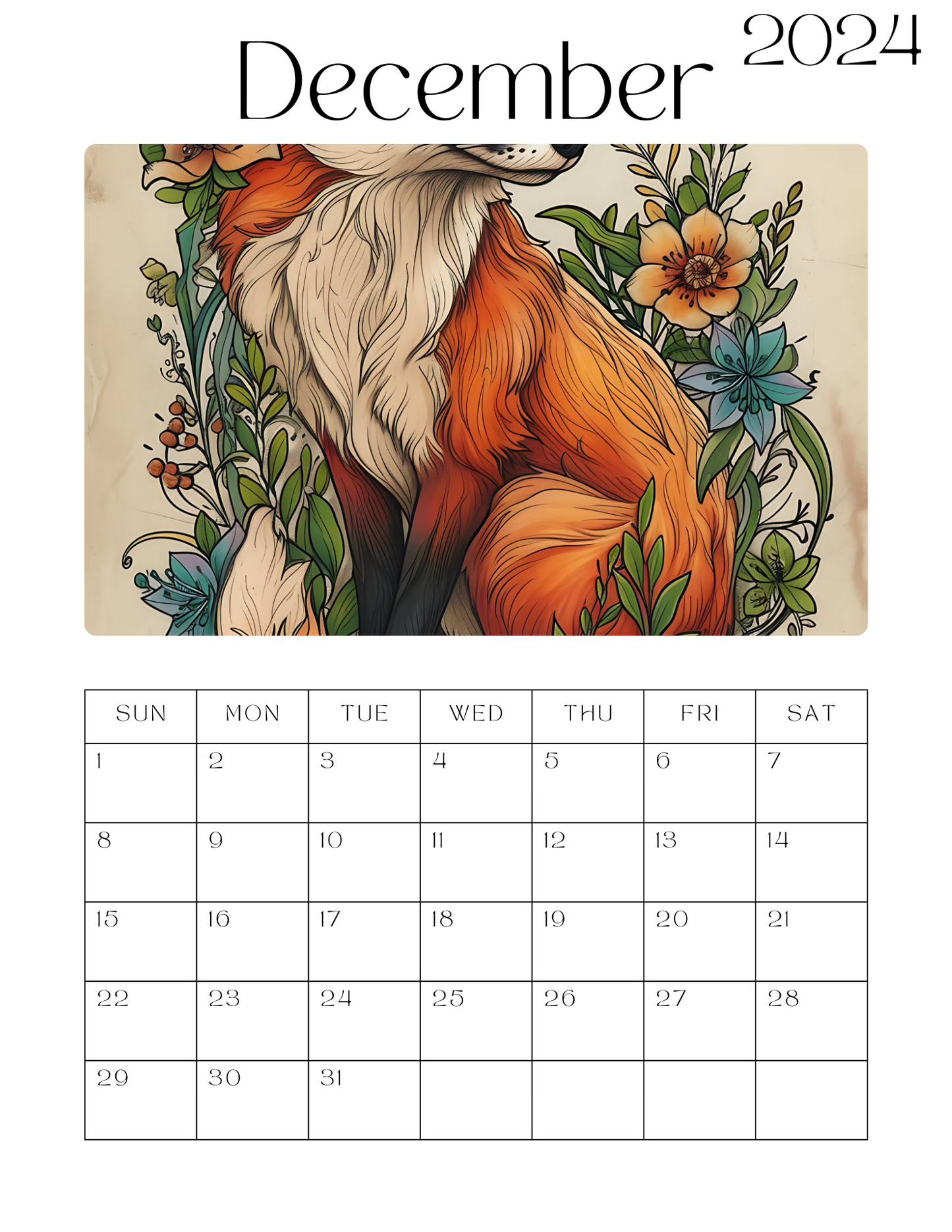 Fantastic Fox & Flowers  12 Month Calendar