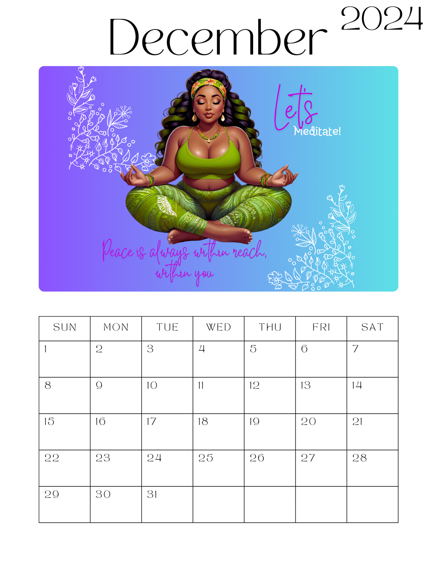 Beautiful Plus Size Black Women Wellness & Meditation 12 Month Calendar