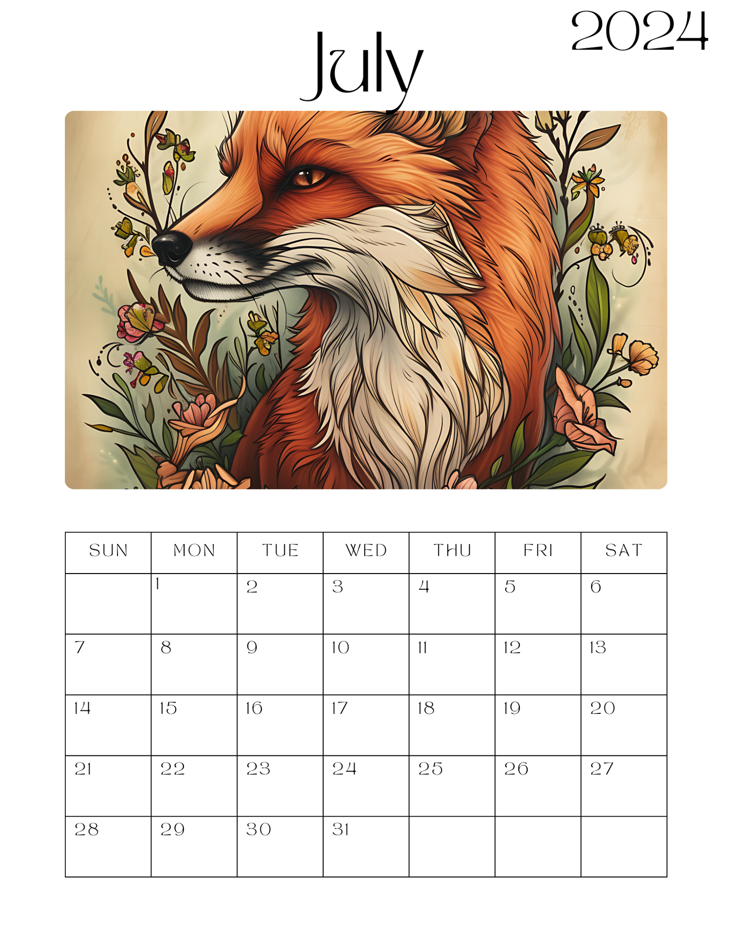 Fantastic Fox & Flowers  12 Month Calendar