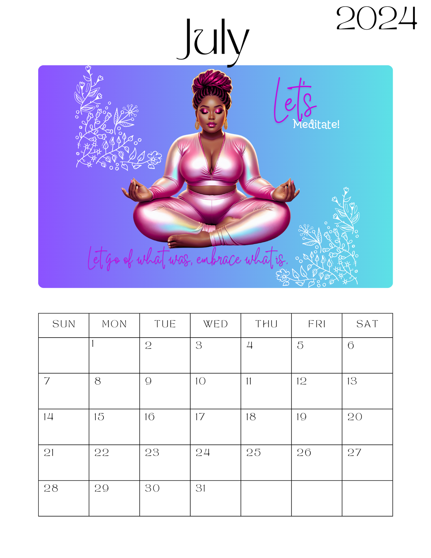 Beautiful Plus Size Black Women Wellness & Meditation 12 Month Calendar