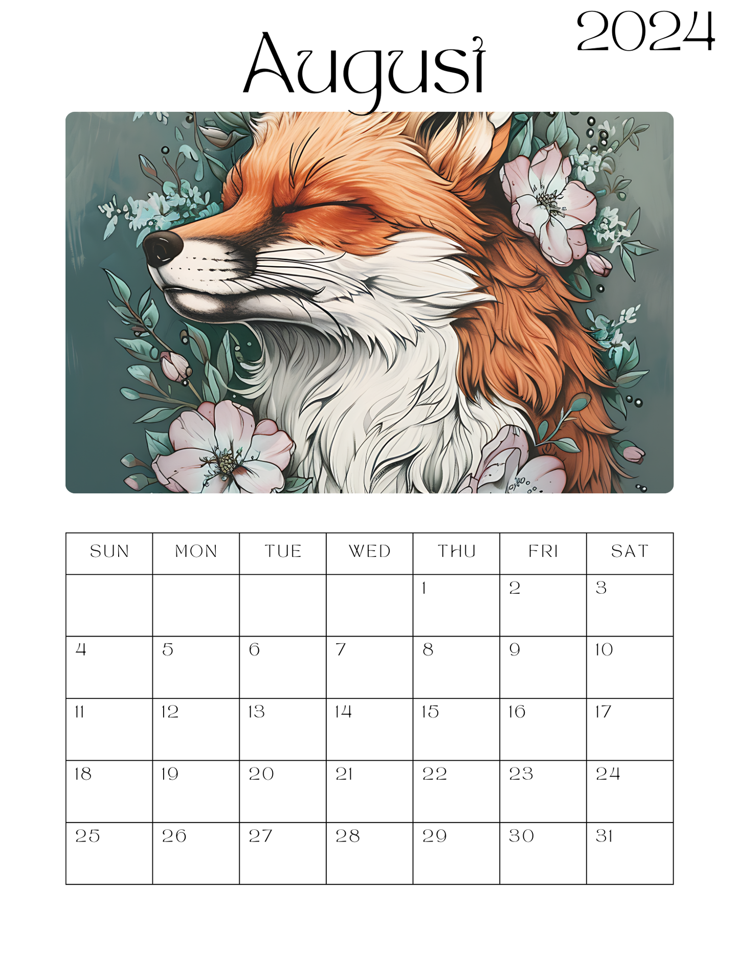 Fantastic Fox & Flowers  12 Month Calendar