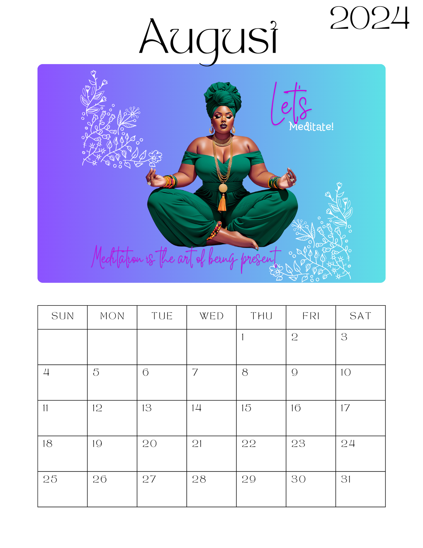 Beautiful Plus Size Black Women Wellness & Meditation 12 Month Calendar