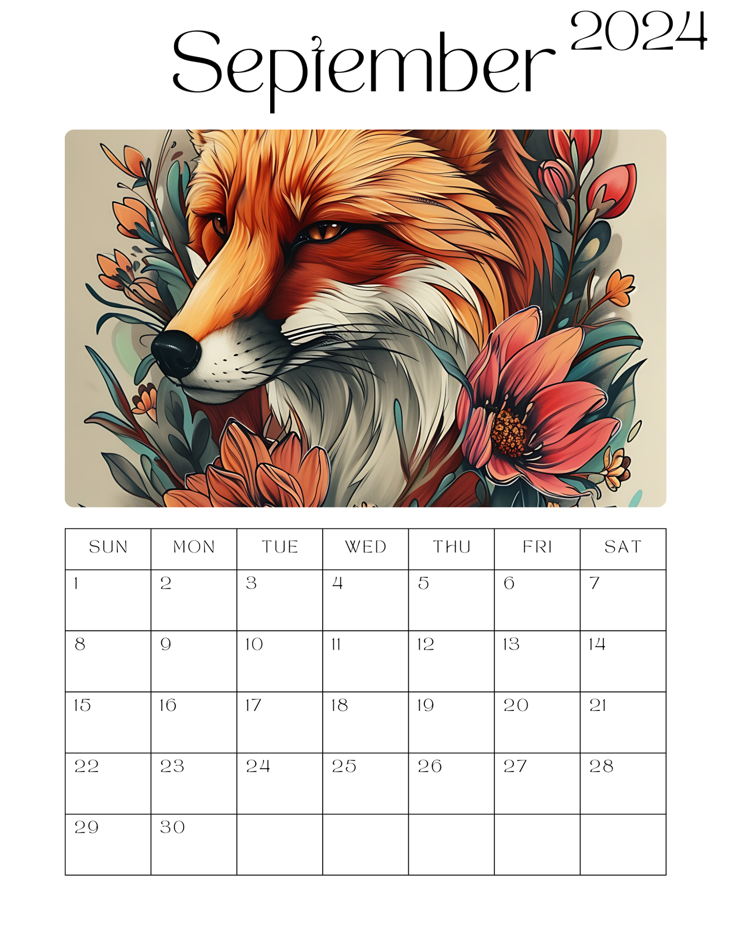 Fantastic Fox & Flowers  12 Month Calendar