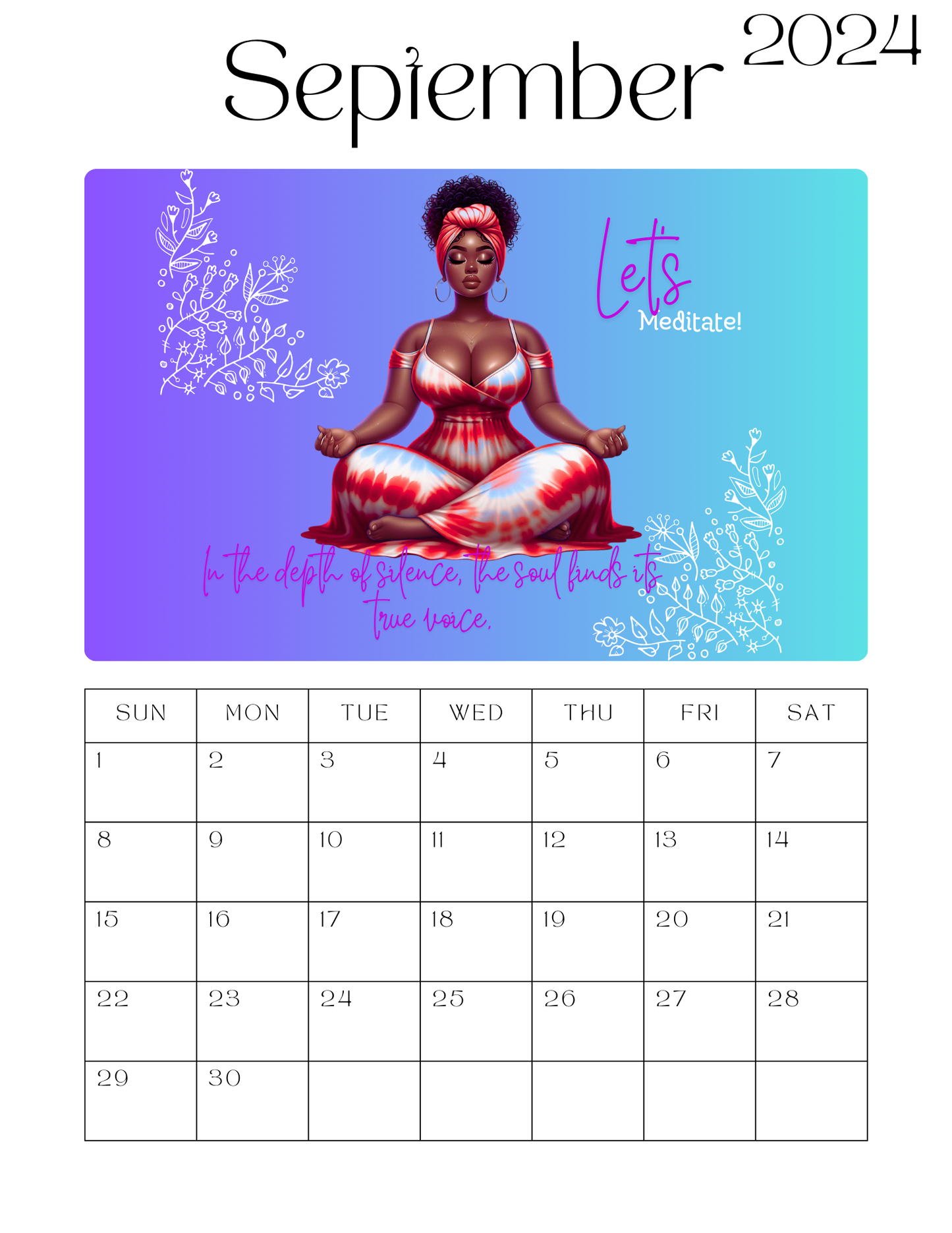 Beautiful Plus Size Black Women Wellness & Meditation 12 Month Calendar